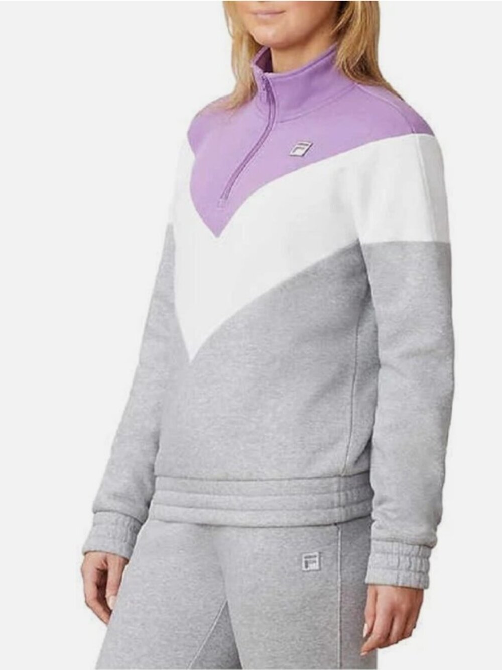 Fila Women's 1/4 Zip Pullover Sweatshirt | Grey, Lavender & White | Small